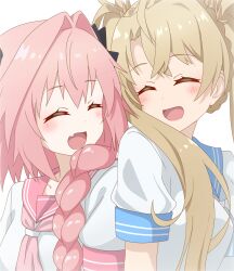1boy 1girl :d androgynous astolfo_(fate) astolfo_(sailor_paladin)_(fate) black_bow blonde_hair blush_stickers bow bradamante_(fate) braid braided_ponytail crossdressing dress fang fate_(series) hair_intakes happy long_hair official_alternate_costume open_mouth pink_hair sailor_collar sailor_dress short_sleeves skin_fang smile tanutika trap twintails upper_body white_background