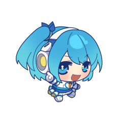 Rule 34 | 1girl, blue eyes, blue hair, blush, chibi, full body, highres, mega man (series), mega man x (series), mega man x dive, myamata no, open mouth, pointing, rico (mega man), side ponytail, simple background, solo, white background