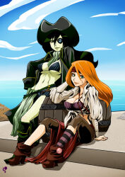 2girls barrel breasts brown_pants colored_skin green_eyes green_hair green_skin hat kim_possible kim_possible_(series) long_hair looking_at_viewer multiple_girls open_clothes orange_hair pants pirate pirate_hat raichi_(lychee-soda) shego sitting spiked_bra
