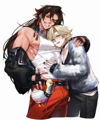 Rule 34 | 2boys, absurdres, asura (onmyoji), bishounen, black gloves, black hair, black jacket, black nails, blonde hair, braid, bridge piercing, commentary, commentary request, cropped legs, earrings, eyeliner, face piercing, fingerless gloves, full body, gloves, green eyes, height difference, highres, hug, jacket, jewelry, konsai 2, long hair, long sleeves, looking at viewer, makeup, male focus, multicolored hair, multiple boys, muscular, muscular male, nail polish, necklace, no facial mark, no tattoo, onmyoji, piercing, red eyeliner, red hair, short hair, simple background, smile, streaked hair, taishakuten (onmyoji), tank top, teeth, two-tone hair, unworn jacket, upper body, upper teeth only, white background, white tank top, yaoi
