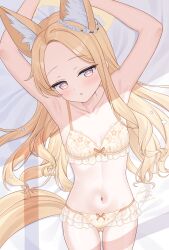 1girl :o animal_ear_fluff animal_ears armpits arms_up blonde_hair blue_archive bow bow_bra bra breasts extra_ears flower_wreath forehead fox_ears fox_girl fox_tail from_above highres kurumi_lm long_hair lying navel panties parted_bangs seia_(blue_archive) small_breasts solo stomach tail underwear underwear_only yellow_bra yellow_eyes yellow_panties