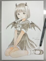 Rule 34 | 1girl, absurdres, ankle socks, art tools in frame, artist name, bat wings, between legs, black horns, blunt bangs, bow, bowtie, brown eyes, brown hair, brown sailor collar, brown serafuku, closed mouth, dated, demon horns, dress, hand between legs, highres, horns, loafers, looking at viewer, nagomurasan, original, pastel (medium), photo (medium), puffy short sleeves, puffy sleeves, sailor collar, sailor dress, school uniform, serafuku, shoes, short hair, short sleeves, sidelocks, signature, simple background, sitting, smile, socks, solo, traditional media, wariza, white background, white bow, white bowtie, white socks, wings
