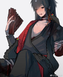 1boy amputee bamboo_slips bandaged_arm bandaged_leg bandaged_neck bandages black_eyes black_hair black_hanfu black_pants blood blood_on_clothes blood_on_face blood_on_hands blood_on_neck blood_on_stomach bloody_bandages bloody_weapon chinese_clothes closed_mouth coat coat_partially_removed coin coin_mask coin_on_string collarbone creature dao_gui_yi_xian eyeball grey_background hanfu highres holding holding_scroll holding_weapon holed_coin injury li_huowang li_sui_(tentacles) long_hair long_sleeves male_focus mask missing_limb nail_polish off_shoulder open_clothes open_coat pants red_coat red_nails robe scroll shigelaogutoukongle simple_background sitting solo tentacles unworn_mask watermark weapon weibo_watermark white_background