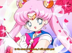 1990s_(style) 1girl bad_id bad_twitter_id bishoujo_senshi_sailor_moon blue_background blue_eyes blue_sailor_collar bow bowtie bright_pupils brooch bubble choker circlet commentary crescent crescent_choker crescent_earrings crescent_moon dot_nose double_bun double_finger_gun earrings elbow_gloves english_commentary english_text eyelashes fake_screenshot faux_retro_artstyle finger_gun flower gloves gradient_background hair_bun hair_ornament honeymoonpetal jewelry leotard light_blush long_hair magical_girl moon official_style open_mouth parted_bangs petals pink_background pink_hair prototype_design purple_background red_bow red_bowtie red_choker red_flower red_rose retro_artstyle rose rose_petals sailor_collar sailor_moon short_sleeves smile solo sparkle tareme tsukino_usagi twintails upper_body very_long_hair white_gloves white_leotard white_pupils