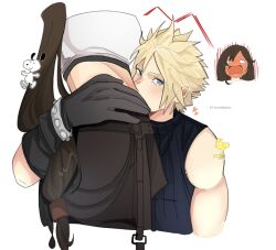 1boy 1girl bare_shoulders black_gloves black_hair black_skirt blonde_hair blue_eyes blue_sweater blush breasts brown_hair cloud_strife commentary couple crop_top cropped_head cropped_torso english_commentary final_fantasy final_fantasy_vii final_fantasy_vii_rebirth final_fantasy_vii_remake from_side full-face_blush gloves hand_on_another&#039;s_hip heart highres hug kiss kissing_stomach large_breasts long_hair looking_at_viewer low-tied_long_hair lower_body midriff open_mouth ribbed_sweater short_hair simple_background skirt sleeveless sleeveless_turtleneck snoopy spiked_hair sweat sweatdrop sweater tank_top tifa_lockhart trixie_(b1sexualpanic) turtleneck turtleneck_sweater twitter_username upper_body very_long_hair white_background white_tank_top woodstock