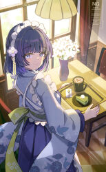 Rule 34 | 1girl, blue hair, blue hakama, blue kimono, cake, cake slice, chair, closed mouth, commentary request, cup, flower, food, from side, gakuen idolmaster, hakama, hakama skirt, hataya misuzu, heart, holding, holding tray, idolmaster, indoors, japanese clothes, kimono, long sleeves, looking at viewer, looking to the side, maid, maid headdress, mao xiaozha (rumiechen), mole, mole under mouth, mug, obi, plate, purple eyes, sash, skirt, smile, solo, spoon, table, tray, vase, wa maid, watermark, white flower, window