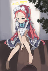 1girl absurdres apron barefoot biluoyao blue_archive blue_bow blue_bowtie blush bow bowtie collared_dress dress eyelashes feet forehead frilled_apron frilled_dress frills full_body hair_bow halo highres knee_up legs loli long_hair looking_at_viewer maid maid_headdress on_ground ponytail puffy_short_sleeves puffy_sleeves purple_eyes red_hair shadow short_sleeves sitting solo toes very_long_hair white_apron white_bow yuzu_(blue_archive)