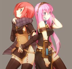 2girls agi asakawa_yuu black_thighhighs crossover gloves headset long_hair megurine_luka multiple_girls nel_zelpher pink_hair red_hair scarf short_hair side_slit square_enix star_ocean star_ocean_till_the_end_of_time striped_clothes striped_scarf tattoo thighhighs vocaloid voice_actor_connection yamaha