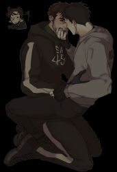 2boys absurdres afraid_of_monsters beard_stubble black_background black_gloves black_hair black_hoodie bloodshot_eyes brown_hair chibi chibi_inset cry_of_fear david_leatherhoff facial_hair fingerless_gloves gloves grabbing_another&#039;s_chin grey_hoodie hand_on_another&#039;s_arm hand_on_another&#039;s_chin hand_on_another&#039;s_waist highres hood hood_down hoodie imminent_kiss ju-san looking_at_another multiple_boys open_mouth outline print_hoodie seiza short_hair simon_henriksson sitting sitting_on_lap sitting_on_person stubble teeth tongue tongue_out turtleneck upper_teeth_only white_outline
