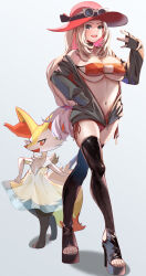 1girl animal_ear_fluff animal_ears animal_nose bikini blonde_hair braixen breasts eyelashes eyewear_on_headwear fox_ears fox_tail furry gen_6_pokemon hat high_heels highres jacket large_breasts long_hair looking_at_viewer momdy_(talesshinja) multiple_girls nintendo off_shoulder open_mouth pokemon pokemon_(creature) pokemon_xy red_bikini serena_(pokemon) smile solo_focus sunglasses swimsuit tail thighhighs white_fur yellow_fur