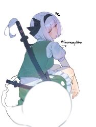 1girl blush doitsuudon green_eyes green_skirt green_vest hairband highres katana konpaku_youmu konpaku_youmu_(ghost) looking_at_viewer looking_back medium_hair shirt short_sleeves skirt solo squatting sword touhou twitter_username vest weapon white_background white_hair white_shirt
