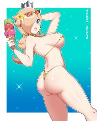 1girl bikini blonde_hair blue_eyes breasts crown earrings eyewear_on_head flower food gold_bikini gold_choker golden_week hair_flower hair_ornament hair_over_one_eye highres holding holding_food holding_ice_cream ice_cream ice_cream_cone jewelry kaos_art large_breasts mario_(series) micro_bikini mini_crown nail_polish nintendo parted_lips rosalina sideboob solo sunglasses super_mario_galaxy swimsuit triple_scoop