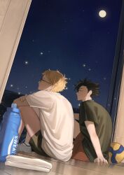 2boys arm_support ball black-framed_eyewear black_hair black_shirt black_shorts blonde_hair bottle commentary crew_neck crossed_arms eco6716 full_moon glasses haikyuu!! hashtag-only_commentary knees_up kuroo_tetsurou looking_outside male_focus moon multiple_boys night night_sky red_shorts shirt short_hair short_sideburns short_sleeves shorts sitting sky star_(sky) star_(symbol) starry_sky towel tsukishima_kei volleyball_(object) water_bottle white_shirt