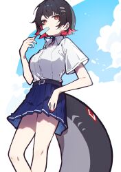 1girl aitekku black_choker black_hair blue_skirt choker collared_shirt colored_inner_hair ellen_joe ellen_joe_(on_campus) fins fish_tail food highres holding holding_food holding_ice_cream ice_cream multicolored_hair official_alternate_costume orange_eyes popsicle razor_blade_hair_ornament red_nails school_uniform shark_girl shark_tail shirt short_hair simple_background skirt sweat tail white_background zenless_zone_zero