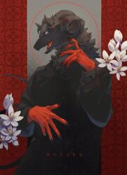 1boy black_coat black_fur body_fur borrowed_character claws coat cowboy_shot curled_horns flower furry furry_male grey_background highres horns looking_at_viewer male_focus multiple_horns open_mouth original rrrro792 scar scar_on_neck solo white_eyes white_flower