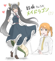Rule 34 | 2girls, alternate costume, alternate species, am (ajamuw), black dress, black hair, blush, breast pocket, brown eyes, brown footwear, collared shirt, commentary request, computer, cosplay, dragon girl, dragon horns, dragon tail, dress, enmaided, frilled dress, frilled headwear, frills, full body, gloves, hairstyle connection, heart, horns, idolmaster, idolmaster cinderella girls, kobayashi-san chi no maidragon, kobayashi (maidragon), kobayashi (maidragon) (cosplay), laptop, large tail, long hair, long sleeves, maid, maid headdress, matoba risa, multiple girls, necktie, office lady, open mouth, orange hair, parody, pocket, ponytail, puffy short sleeves, puffy sleeves, scales, shirt, shoes, short sleeves, simple background, skirt hold, small sweatdrop, standing, tail, thighhighs, title parody, tohru (maidragon), tohru (maidragon) (cosplay), twintails, upper body, very long hair, white background, white gloves, white thighhighs, working, yellow eyes, yellow necktie, yuuki haru
