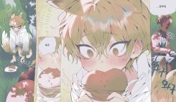 1boy 1other animal_ears bad_id bad_twitter_id blonde_hair blush boots bread_bun close-up collared_shirt commentary crawling dante_(limbus_company) e.g.o_(project_moon) eating food fox_ears fox_tail grass hair_between_eyes highres inactive_account jacket korean_commentary korean_text limbus_company looking_at_object male_focus maratang object_head outdoors project_moon raincoat red_jacket shirt short_hair sinclair_(project_moon) speech_bubble sunshower_(e.g.o) surprised tail thought_bubble yellow_eyes
