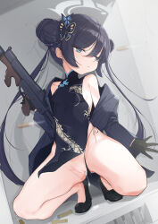 1girl absurdres black_dress black_gloves black_hair blue_archive breasts bullet butterfly_hair_ornament china_dress chinese_clothes chinese_commentary cleft_of_venus coat commentary_request cs/ls06 cum cum_in_pussy cumdrip double_bun dragon_print dress gloves grey_coat grey_halo gun hair_bun hair_ornament halo helical_magazine high-capacity_magazine highres holding holding_gun holding_weapon kisaki_(blue_archive) kneeling loli long_hair panties pussy semisweet side-tie_panties sleeveless sleeveless_dress small_breasts solo striped_coat submachine_gun suppressor thong twintails uncensored underwear untied_panties vertical-striped_coat weapon