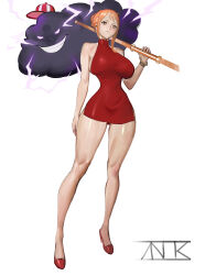 1girl absurdres bangle bare_legs bare_shoulders bracelet breasts brown_eyes clima-tact closed_mouth cloud commentary dress electricity english_commentary evil_grin evil_smile full_body glowing glowing_eyes grin hat high_heels highres holding holding_staff jewelry large_breasts legs long_hair mini_hat nami_(one_piece) narrow_waist official_alternate_costume official_alternate_hairstyle one_piece orange_hair red_dress red_shoes shoes short_dress sidelocks signature simple_background skin_tight sleeveless sleeveless_dress smile staff standing thighs tight_clothes tight_dress turtleneck turtleneck_dress white_background zeus_(one_piece) znor