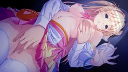 10s 1boy 1girl blonde_hair blue_eyes blush breasts censored fingering game_cg grabbing_another&#039;s_breast groping hetero highres kagurazaka_namine koutaro long_hair mosaic_censoring navel nipples open_mouth protagonist_(tropical_vacation) tropical_kiss tropical_vacation twinkle_(company)