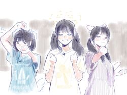 Rule 34 | 3girls, animal ears, animification, arms up, blue shirt, blush, bob cut, cat ears, clenched hands, commentary, dog ears, drawn ears, english commentary, flipped hair, grin, half-closed eyes, hamster ears, hayama fuka, highres, kurusu rin, link! like! love live!, looking at viewer, love live!, low twintails, multiple girls, pipi (m1x mix), purple shirt, real life, sakurai hina, seeno de! hasu no sora!, shirt, short hair, short sleeves, smile, t-shirt, twintails, upper body, voice actor, yellow shirt