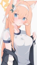 Rule 34 | 1girl, absurdres, animal ears, blue archive, blue eyes, blush, commentary request, flower, gym uniform, hair between eyes, hair flower, hair ornament, hairband, halo, highres, jacket, jacket partially removed, long hair, mari (blue archive), mari (track) (blue archive), nui (nuinui0300), orange hair, shirt, short sleeves, solo, sweat, t-shirt, track jacket, white background, white hairband, white shirt, yellow halo