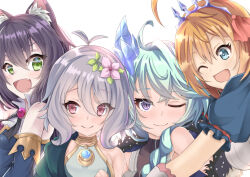 4girls :d ;) ;d ahoge animal_ear_fluff animal_ears antenna_hair aqua_hair bare_shoulders black_hair blue_eyes blue_sleeves blush braid breasts cat_ears cat_girl closed_mouth commentary_request detached_sleeves elf fang flower gourmet_guild_(princess_connect!) green_eyes grey_hair hair_between_eyes hair_flower hair_ornament hair_ribbon hyper_muteki_(ningen_no_kuzu) ice_horns ice_shard karyl_(princess_connect!) kokkoro_(princess_connect!) large_breasts long_hair looking_at_viewer medium_hair multiple_girls one_eye_closed open_mouth orange_hair pecorine_(princess_connect!) pink_flower pointy_ears princess_connect! puffy_short_sleeves puffy_sleeves purple_eyes red_eyes red_ribbon ribbon sheffy_(princess_connect!) short_hair short_sleeves side_braid single_braid single_hair_intake small_breasts smile tiara upper_body white_background