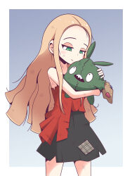 1girl aged_down black_skirt blonde_hair blue_background border closed_mouth commentary dirty dirty_face gen_5_pokemon gradient_background green_eyes holding holding_pokemon ink_(inksgirls) long_hair messy_hair nintendo oleana_(pokemon) outside_border pokemon pokemon_(creature) pokemon_swsh sidelocks simple_background skirt smile solo torn_clothes trubbish white_border