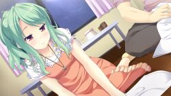 1boy 1girl arms_at_sides blush breasts collarbone cup curtains dress dutch_angle flower game_cg green_hair highres indoors jewelry kitaooji_karen long_hair looking_down making_lovers official_art orange_dress orange_eyes parted_bangs pendant ponytail sidelocks sitting small_breasts smile socks table takanashi_kazuma taniyama-san third-party_source variant_set window wooden_floor yellow_socks yokozuwari