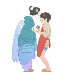 2girls 55bata6rou apron bag black_hair blue_kimono blue_shorts brown_sweater closed_eyes closed_mouth from_side full_body geisha hair_ribbon herai_sumire highres holding holding_bag japanese_clothes kimono kiss kissing_forehead long_sleeves maiko-san_chi_no_makanai-san multiple_girls nozuki_kiyo profile red_apron red_ribbon ribbon sandals short_hair shorts simple_background slippers smile standing sweater turtleneck turtleneck_sweater white_background