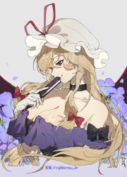 Rule 34 | 1girl, absurdres, black bow, black choker, blonde hair, bow, breasts, choker, cleavage, closed mouth, dress, flower, folding fan, gloves, hair bow, hand fan, hat, hat ribbon, highres, holding, holding fan, large breasts, long hair, mob cap, off-shoulder dress, off shoulder, petals, purple dress, purple eyes, purple flower, red bow, red ribbon, ribbon, shimiya jin, smile, solo, touhou, twitter username, upper body, white gloves, white hat, yakumo yukari