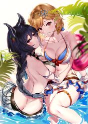 2girls aki663 animal_ears ass bad_tag breast_press butt_crack cameltoe clothes_lift djeeta_(granblue_fantasy) garters granblue_fantasy multiple_girls nier_(granblue_fantasy) see-through_clothes skirt skirt_lift swimsuit symmetrical_docking water wet
