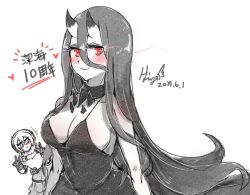 Rule 34 | 2girls, absurdly long hair, abyssal ship, battleship princess, black-framed eyewear, black dress, black hair, blue eyes, braid, breasts, colored skin, dress, hair between eyes, hair scarf, headphones, hi ye, horns, kantai collection, large breasts, long hair, long hair between eyes, multiple girls, red eyes, single braid, skin-covered horns, sleeveless, sleeveless dress, smile, supply depot princess, very long hair, white hair, white skin
