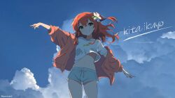 1girl aqua_shorts blue_sky blush bocchi_the_rock! cloud cloudy_sky day flower green_eyes grin hair_between_eyes hair_flower hair_ornament highres jacket kita_ikuyo long_hair long_sleeves looking_at_viewer minusk9 navel one_side_up open_clothes open_jacket open_mouth orange_jacket outdoors photo_background red_hair shirt shorts sky smile solo standing teeth white_flower white_shirt