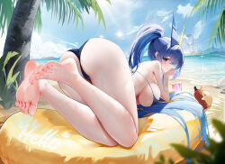 1girl absurdres ass azur_lane back bare_shoulders barefoot beach bikini blue_bikini blue_eyes blue_hair blue_sky blush breasts cloud commentary cup cushion day drinking drinking_glass drinking_straw feet hair_between_eyes hair_ornament hair_spread_out hand_on_own_cheek hand_on_own_face heterochromatic_eyewear highres large_breasts legs long_hair looking_at_viewer looking_back lying manjuu_(azur_lane) mountainous_horizon new_jersey_(azur_lane) new_jersey_(midsummer_leisure)_(azur_lane) ocean official_alternate_costume on_cushion on_stomach outdoors palm_tree ponytail sideboob sky soles solo sparkle string_bikini sunlight swimsuit thighs tinted_eyewear toes tree tsuru_ai_momono turning_head very_long_hair water_drop wet