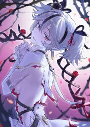 1girl absurdres black_eyes black_flower black_ribbon blake_bloom_(wuthering_waves) breasts camellya_(wuthering_waves) collar commentary earrings flower from_side gold_earrings hair_flower hair_ornament hair_ribbon hair_vines hands_up highres jewelry looking_at_viewer okoge_(koge_chan) parted_lips red_pupils red_ribbon ribbon short_hair short_twintails small_breasts smile solo twintails upper_body white_collar white_hair wuthering_waves