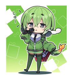 1girl absurdres black_necktie black_shoes breasts character_request chibi collared_shirt commentary_request explosive fangs full_body green_background green_hair green_jacket green_skirt green_thighhighs grey_eyes highres holding holding_removed_eyewear jacket large_breasts long_sleeves milkpanda minecraft necktie parted_lips puffy_long_sleeves puffy_sleeves shadow shirt shoes short_eyebrows skirt sleeves_past_fingers sleeves_past_wrists solo standing standing_on_one_leg steam sunglasses tail thick_eyebrows thighhighs tnt tnt_block_(minecraft) translation_request unworn_eyewear white_shirt