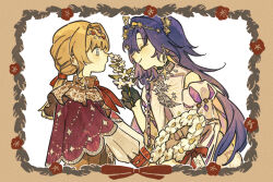 2girls bare_shoulders black_gloves blonde_hair blue_eyes blue_hair border braid braided_bangs brown_border brown_dress cloak closed_eyes clothing_cutout colored_inner_hair dress face-to-face flower flower_wreath gloves hair_intakes hair_ornament highres holding holding_flower juliet_sleeves kiperina long_hair long_sleeves looking_at_another low_ponytail multicolored_hair multiple_girls neckerchief official_alternate_costume official_art ponytail profile puffy_sleeves red_cloak red_neckerchief reverse:1999 shoulder_cutout single_glove star_(symbol) star_hair_ornament upper_body very_long_hair voyager_(choir_of_the_stars)_(reverse:1999) voyager_(reverse:1999) white_background white_dress white_flower