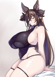 1girl animal_ears bare_shoulders bikini black_bikini blue_hair breasts brown_hair brown_horns closed_eyes covered_erect_nipples extra_ears fox_ears galleon_(granblue_fantasy) galleon_(summer)_(granblue_fantasy) granblue_fantasy groin hair_between_eyes horns kou_(garakuta_teikoku) large_breasts long_hair long_hair_between_eyes multicolored_hair official_alternate_costume plump pointy_ears see-through_clothes sitting solo streaked_hair swimsuit thick_thighs thigh_strap thighs very_long_hair