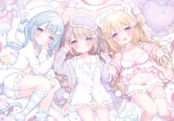 3girls :d :o animal_ears animal_hood babydoll bear_ears bear_hair_ornament biting biting_own_thumb blonde_hair blue_bow blue_eyes blue_hair blue_socks blush bow box braid breasts brown_hair candy cardigan cat_hair_ornament cleavage collarbone commentary_request dated double_bun eye_mask fake_animal_ears fang food frilled_panties frilled_socks frilled_thigh_strap frills gift gift_box hair_bun hair_ornament head_on_pillow heart heart-shaped_food heart-shaped_lollipop heart-shaped_pillow highres hood hood_bow hooded_jacket jacket large_breasts lollipop long_hair long_sleeves low_twin_braids low_twintails lying mask mask_on_head medium_hair midriff multiple_girls navel omochi_monaka on_back on_side open_cardigan open_clothes open_mouth original outstretched_arms panties parted_lips pillow pink_cardigan pink_socks pom_pom_(clothes) pom_pom_hair_ornament purple_cardigan purple_eyes reaching reaching_towards_viewer shaped_lollipop shirt shorts signature skin_fang smile socks striped_clothes striped_socks thigh_strap twin_braids twintails underwear white_babydoll white_jacket white_panties white_shirt white_shorts