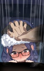 1boy 1girl absurdres black-framed_eyewear black_pantyhose blue_coat blue_hair blush brown_eyes coat cushion deepthroat fellatio fur-trimmed_headwear fur_trim glasses hand_on_another&#039;s_head hat hetero highres irrumatio long_sleeves mizumizuni oogaki_chiaki oral pantyhose penis pov pov_crotch seiza sitting tears yurucamp zabuton