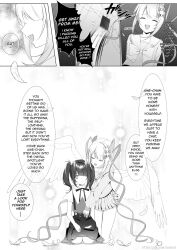 2girls ame-chan_(needy_girl_overdose) arms_behind_back attack blank_stare blunt_bangs bow broken_mirror chouzetsusaikawa_tenshi-chan closed_eyes constricted_pupils crack cracked_glass dual_persona english_text falling_feathers feathered_wings feathers full_body greyscale hair_bow hair_ornament hair_over_one_eye hand_on_own_leg highres hug_from_side ixopod kneeling looking_at_another mirror monochrome multiple_girls multiple_hair_bows neck_ribbon needy_girl_overdose quad_tails reverse_suspended_congress ribbon seiza sex_from_behind short_twintails sidelocks sidestep sitting sound_effects speech_bubble teeth throwing translation_request twintails upper_teeth_only white_wings wide-eyed wings x_hair_ornament
