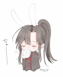 1boy animal animal_ears black_boots black_hair black_hanfu blush boots brown_hair chibi chibi_only chinese_clothes closed_eyes eyelashes full_body hanfu heart highres holding holding_animal holding_rabbit implied_yaoi kemonomimi_mode kiss kissing_animal long_hair long_sleeves male_focus modao_zushi ojisan_rbt ponytail rabbit rabbit_boy rabbit_ears red_sash sash sidelocks simple_background solo standing twitter_username wei_wuxian white_background white_rabbit_(animal) wide_sleeves