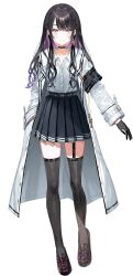 Rule 34 | 1girl, absurdres, armband, belt, black armband, black belt, black choker, black gloves, black hair, black skirt, black thighhighs, blush, braid, brown shoes, choker, closed mouth, coat, colored inner hair, full body, gloves, grey eyes, hair intakes, highres, long hair, mole, mole under mouth, multicolored hair, official art, open clothes, open coat, parallel artist project, pleated skirt, purple eyes, purple hair, shirt, shoes, simple background, skirt, smile, solo, streaked hair, thighhighs, transparent background, virtual youtuber, white coat, white shirt, yadapot, yakushino shino