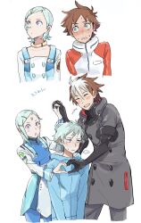 ... 1girl 2boys aqua_hair blue_jacket blush brown_hair buttons chestnut_mouth closed_eyes coat collar collarbone cowboy_shot double-breasted ear_blush elbow_gloves eureka_(eureka_seven) eureka_seven eureka_seven_(series) eureka_seven_ao family forehead_jewel fukai_ao gloves grey_coat grey_eyes hair_ornament hairclip heart heart_hands heart_hands_duo highres hood hood_down hooded_jacket jacket long_sleeves looking_at_viewer multicolored_hair multicolored_jacket multiple_boys pink_eyes renton_thurston rueisi_(namezari) short_hair sideways_glance smile spiked_hair sweat swept_bangs turtleneck two-tone_hair two-tone_jacket upper_body white_background white_hair