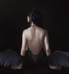 1girl backless_dress backless_outfit black_background black_dress black_hair black_horns black_wings closed_eyes dress highres hololive hololive_english horns long_hair low_wings nerissa_ravencroft solo spine tarinne virtual_youtuber wings