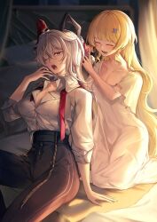 Rule 34 | 2girls, alternate costume, bedroom, black eyes, black horns, black pants, blonde hair, button gap, closed eyes, collarbone, collared shirt, commentary, curled horns, dress, english commentary, facing another, grey hair, hair between eyes, hair ornament, highres, horns, indoors, long hair, looking at viewer, multiple girls, necktie, on bed, one eye closed, open mouth, pants, phoebe (wuthering waves), red eyes, red necktie, redricewine, shirt, shirt tucked in, sitting, smile, undone necktie, very long hair, white dress, white shirt, wuthering waves, x hair ornament, yawning, zani (wuthering waves)