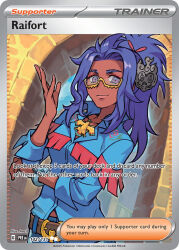 1girl articuno artist_name belt blue_shirt brown_belt card_(medium) character_name closed_mouth collared_shirt company_name copyright_name copyright_notice dark-skinned_female dark_skin english_text eyeshadow gen_1_pokemon gen_7_pokemon glasses hair_ornament hand_up hungry_clicker legendary_pokemon long_hair long_sleeves lunala makeup marshadow messy_hair mythical_pokemon nintendo official_art pokemon pokemon_card pokemon_sv pokemon_tcg ponytail purple_eyes purple_hair raifort_(pokemon) shirt sidelocks solo third-party_source trading_card yellow-framed_eyewear
