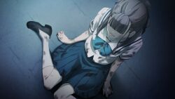 1girl aged_down black_ribbon black_shoes blood blood_on_clothes blue_bow blue_skirt blue_stripes blunt_bangs bow breasts brown_hair chest_bow chuo_tanegashima_high_school_uniform cropped_shirt crying dim_lighting dirty dirty_clothes dutch_angle from_above fukuda_tomonori game_cg hair_over_eyes hair_ribbon hand_on_ground high-waist_skirt highres kneehighs knees knees_together_feet_apart loafers medium_breasts night official_art open_mouth pleated_skirt ponytail ribbon robotics;notes sad sailor_collar school_uniform senomiya_misaki shirt shoes short_sleeves sidelocks single_tear sitting skirt socks solo thick_thighs thighs tongue torn_clothes torn_skirt wariza white_sailor_collar white_shirt white_socks