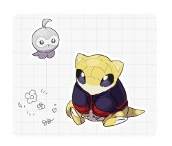 black_jacket bright_pupils castform castform_(normal) claws clothed_pokemon eneko_(olavcnkrpucl16a) flower_symbol gen_1_pokemon gen_3_pokemon jacket long_sleeves nintendo no_humans pokemon pokemon_(creature) sandshrew sitting white_background white_pupils